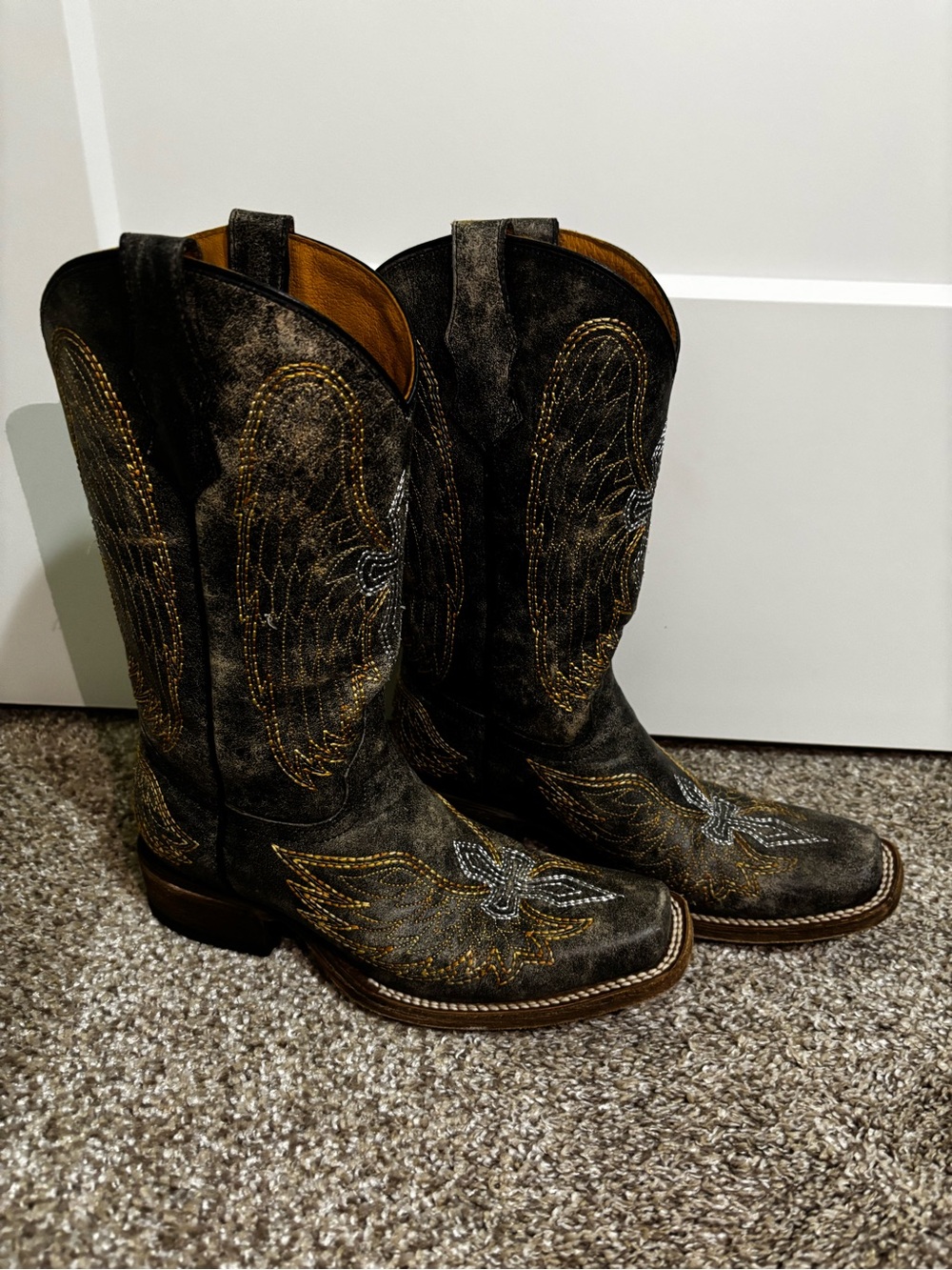 Women's Black Distressed Western Ankle Boots with Embroidered Wing Detail